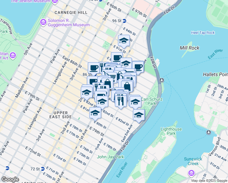 map of restaurants, bars, coffee shops, grocery stores, and more near 413 East 85th Street in New York