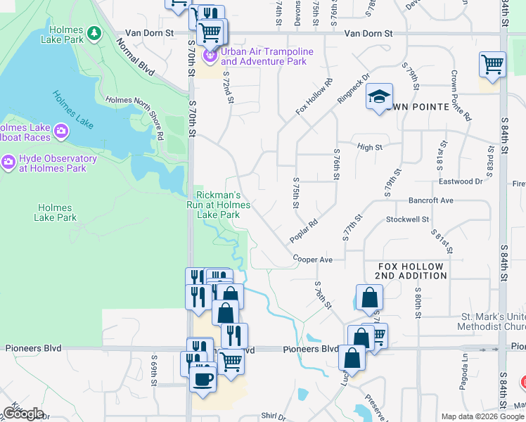 map of restaurants, bars, coffee shops, grocery stores, and more near 7300 Skyhawk Circle in Lincoln
