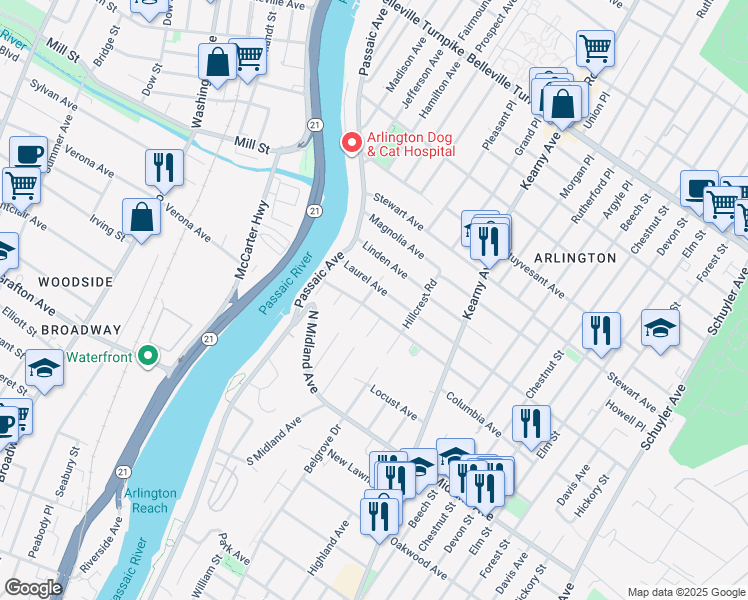 map of restaurants, bars, coffee shops, grocery stores, and more near 68 Alpine Pl in Kearny