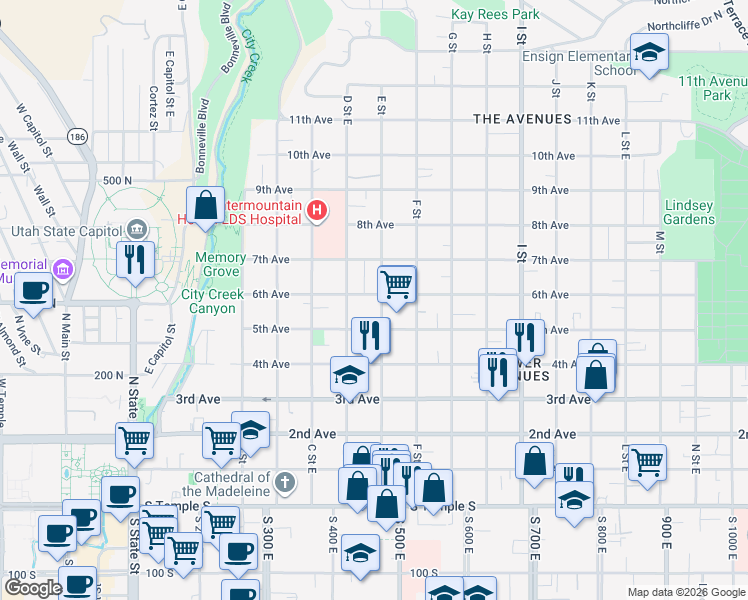 map of restaurants, bars, coffee shops, grocery stores, and more near 279 N Street in Salt Lake City