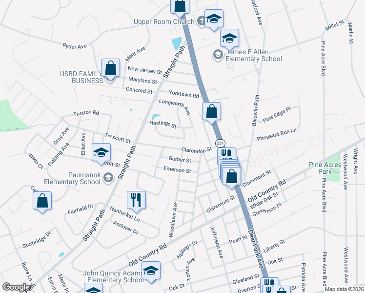 map of restaurants, bars, coffee shops, grocery stores, and more near 30 Clarendon Street in Dix Hills