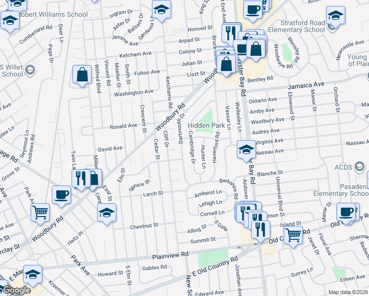map of restaurants, bars, coffee shops, grocery stores, and more near 65 Cambridge Drive in Hicksville