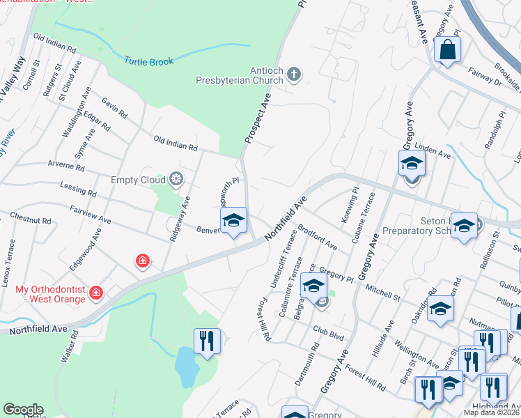 map of restaurants, bars, coffee shops, grocery stores, and more near 3 Crest View in West Orange