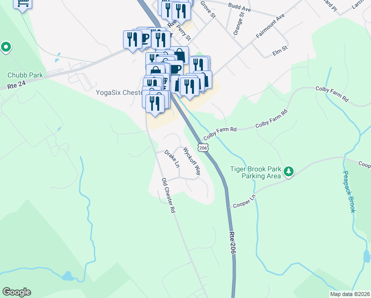 map of restaurants, bars, coffee shops, grocery stores, and more near 30 Wyckoff Way in Chester