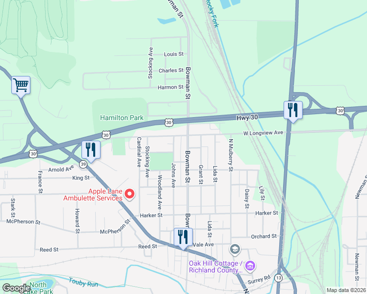 map of restaurants, bars, coffee shops, grocery stores, and more near 624-628 Johns Avenue in Mansfield