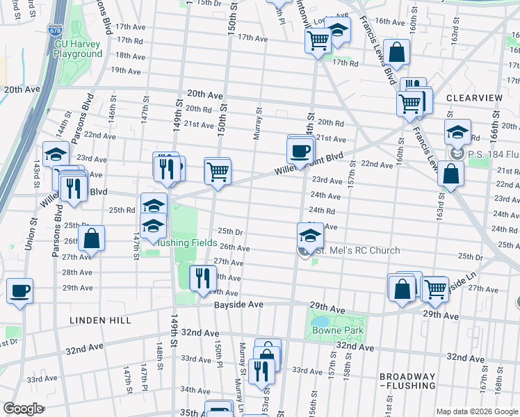 map of restaurants, bars, coffee shops, grocery stores, and more near 151-16 24th Road in Queens