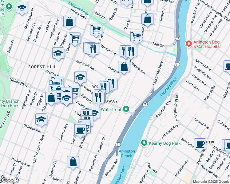 map of restaurants, bars, coffee shops, grocery stores, and more near 762-764 Broadway in Newark