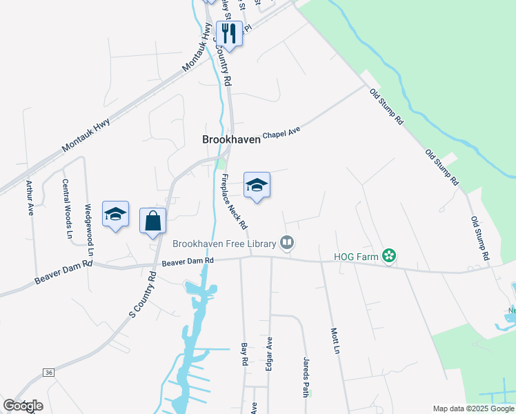 map of restaurants, bars, coffee shops, grocery stores, and more near 101 Fireplace Neck Road in Brookhaven