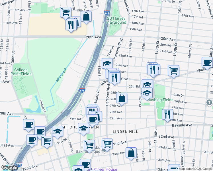 map of restaurants, bars, coffee shops, grocery stores, and more near in Queens