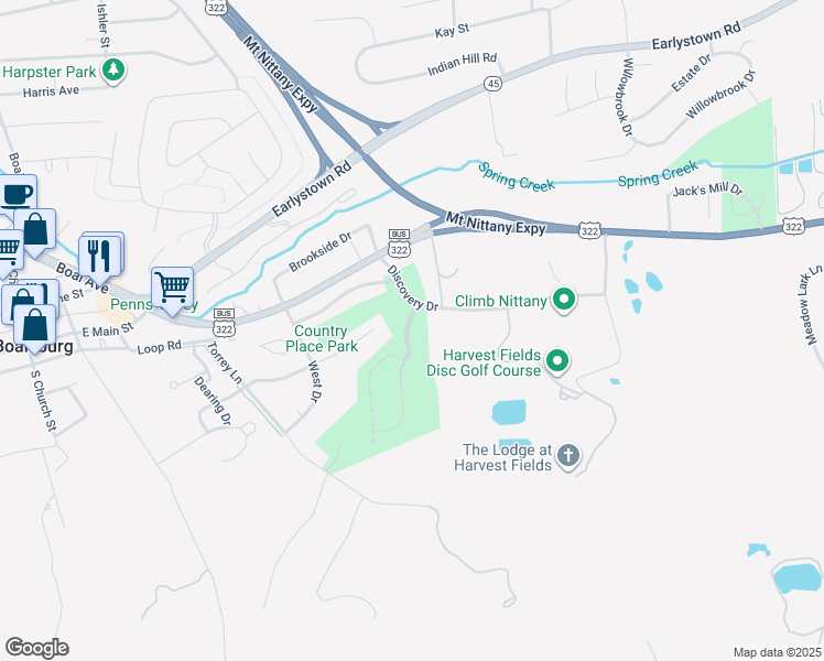 map of restaurants, bars, coffee shops, grocery stores, and more near 129 Kestrel Lane in Boalsburg