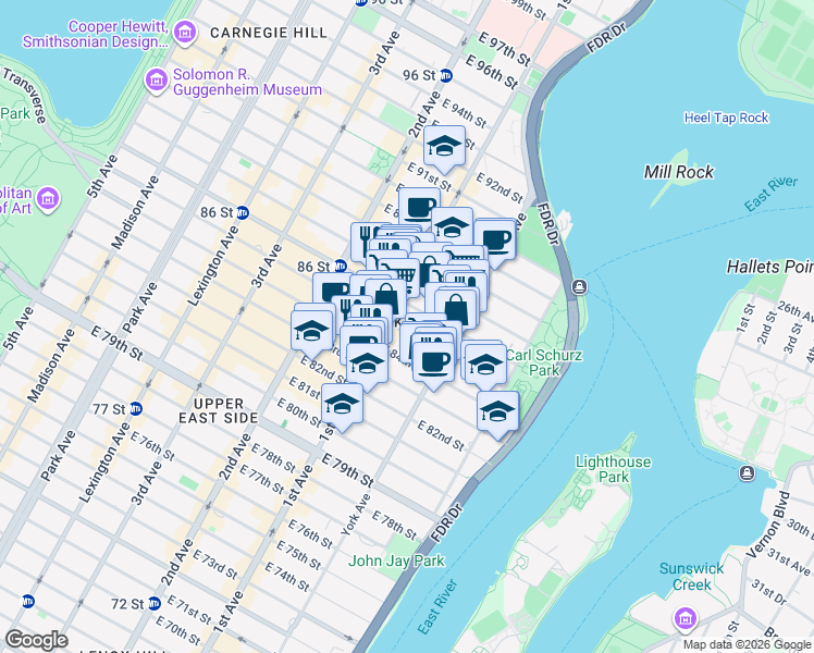 map of restaurants, bars, coffee shops, grocery stores, and more near 411 East 85th Street in New York