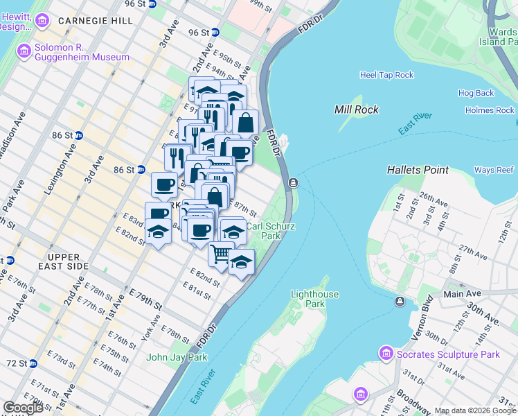 map of restaurants, bars, coffee shops, grocery stores, and more near 170 East End Avenue in New York