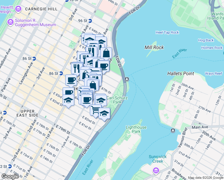 map of restaurants, bars, coffee shops, grocery stores, and more near 170 East End Avenue in New York