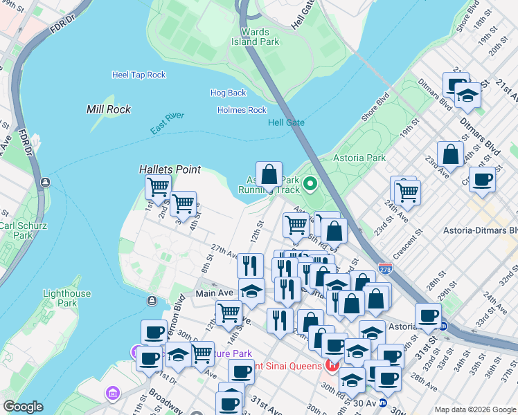 map of restaurants, bars, coffee shops, grocery stores, and more near 25-40 Shore Boulevard in Queens