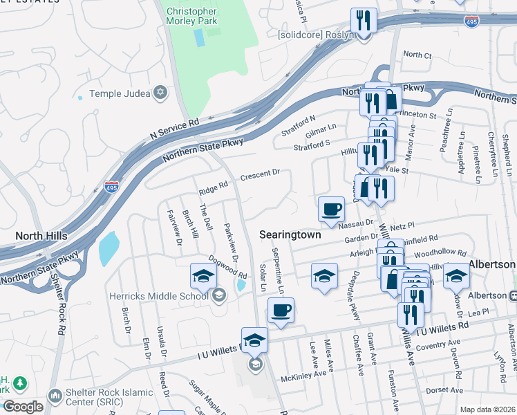 map of restaurants, bars, coffee shops, grocery stores, and more near 112 Crescent Drive in Albertson