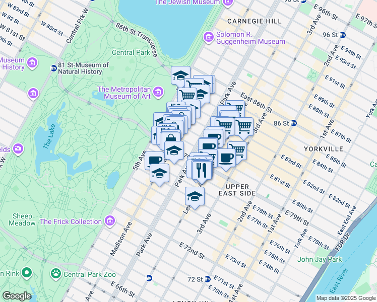 map of restaurants, bars, coffee shops, grocery stores, and more near 900 Park Avenue in New York