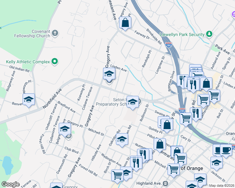 map of restaurants, bars, coffee shops, grocery stores, and more near 2 Carter Road in West Orange