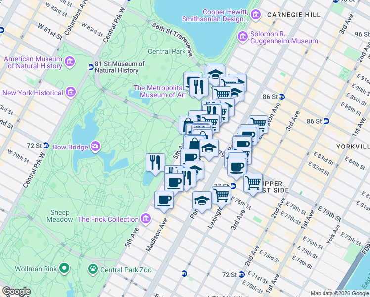 map of restaurants, bars, coffee shops, grocery stores, and more near 5A East 78th Street in New York