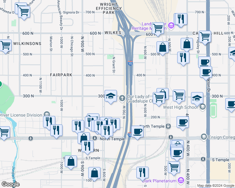 map of restaurants, bars, coffee shops, grocery stores, and more near 726 300 North in Salt Lake City