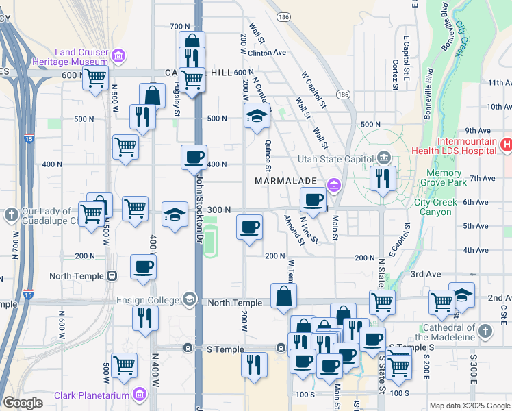 map of restaurants, bars, coffee shops, grocery stores, and more near 144 West 300 North in Salt Lake City