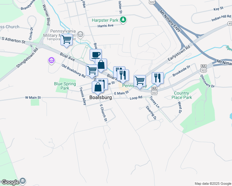 map of restaurants, bars, coffee shops, grocery stores, and more near 211 East Main Street in Boalsburg