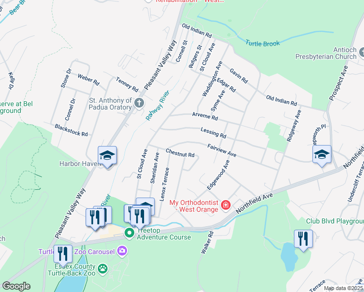 map of restaurants, bars, coffee shops, grocery stores, and more near 90 Fairview Avenue in West Orange