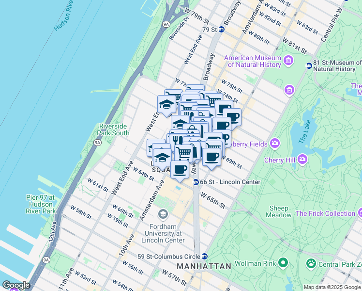 map of restaurants, bars, coffee shops, grocery stores, and more near 180 Amsterdam Avenue in New York