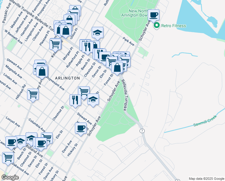 map of restaurants, bars, coffee shops, grocery stores, and more near 853 Schuyler Avenue in Kearny