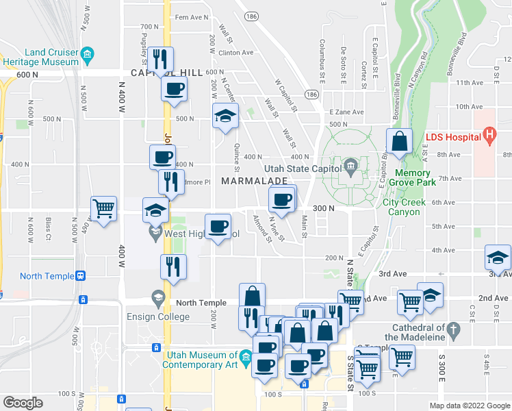 map of restaurants, bars, coffee shops, grocery stores, and more near 303 Almond Street in Salt Lake City