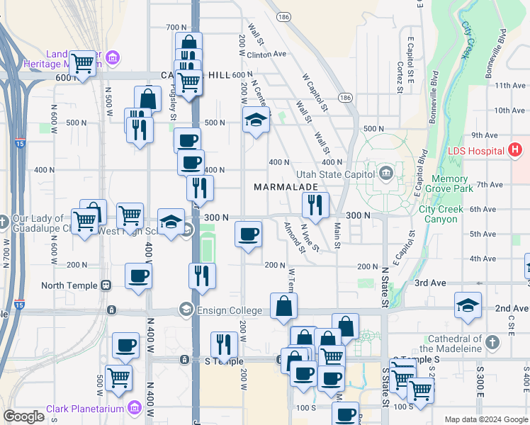 map of restaurants, bars, coffee shops, grocery stores, and more near 144 West 300 North in Salt Lake City