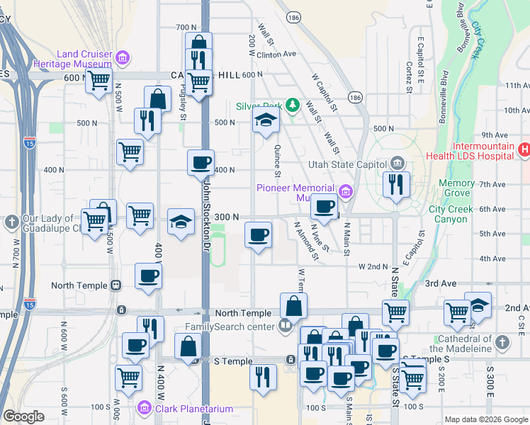 map of restaurants, bars, coffee shops, grocery stores, and more near 144 West 300 North in Salt Lake City