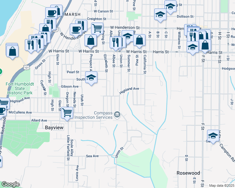 map of restaurants, bars, coffee shops, grocery stores, and more near 3496 Albee Street in Eureka