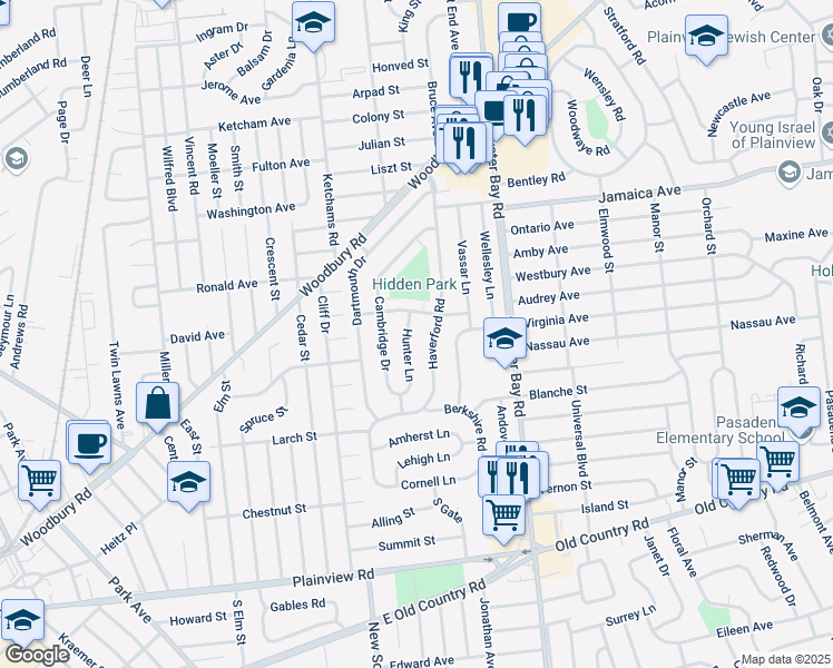 map of restaurants, bars, coffee shops, grocery stores, and more near 54 Hunter Lane in Hicksville