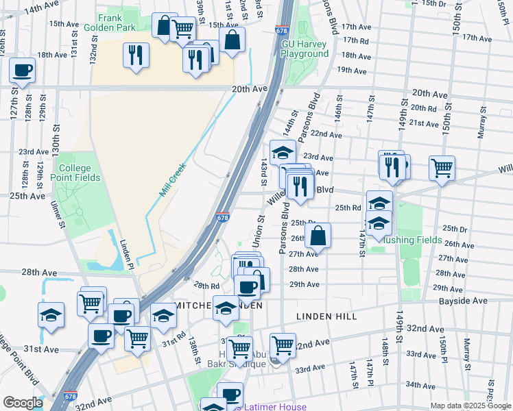 map of restaurants, bars, coffee shops, grocery stores, and more near 141-17 25th Road in Queens
