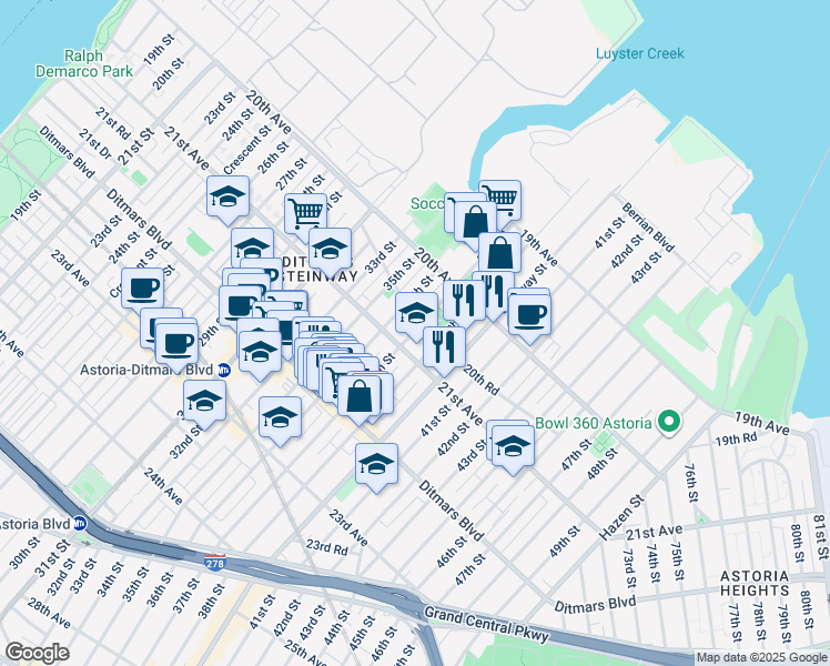 map of restaurants, bars, coffee shops, grocery stores, and more near 20-70 37th Street in Queens