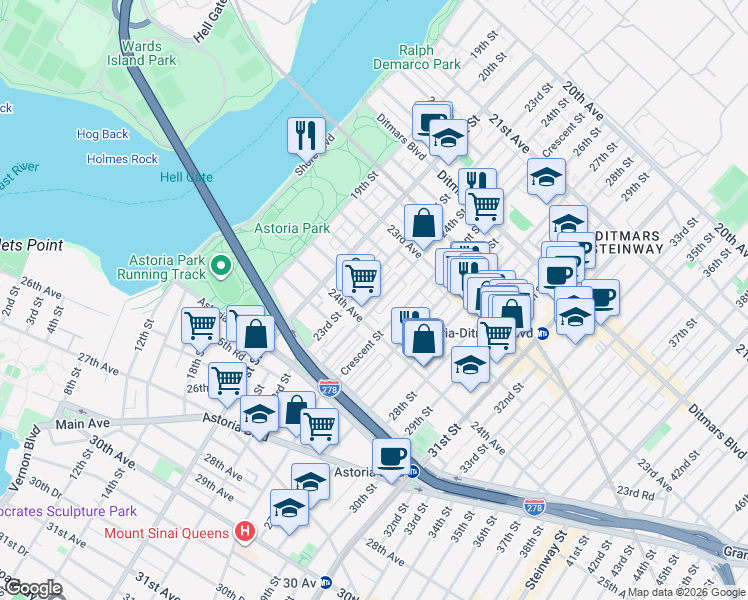 map of restaurants, bars, coffee shops, grocery stores, and more near in Queens