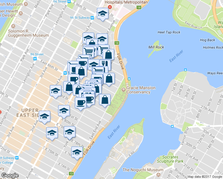 map of restaurants, bars, coffee shops, grocery stores, and more near 528 East 87th Street in New York
