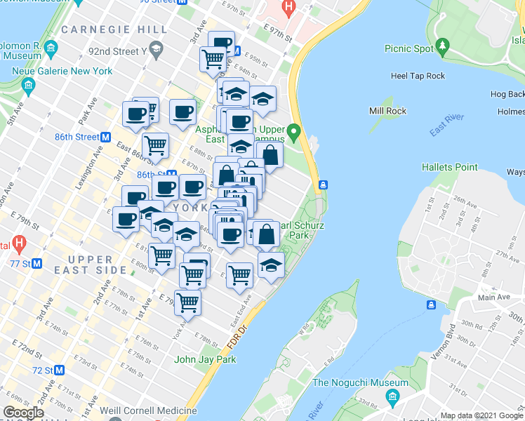 map of restaurants, bars, coffee shops, grocery stores, and more near 528 East 87th Street in New York