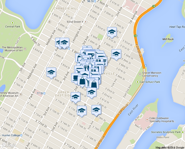 map of restaurants, bars, coffee shops, grocery stores, and more near in New York
