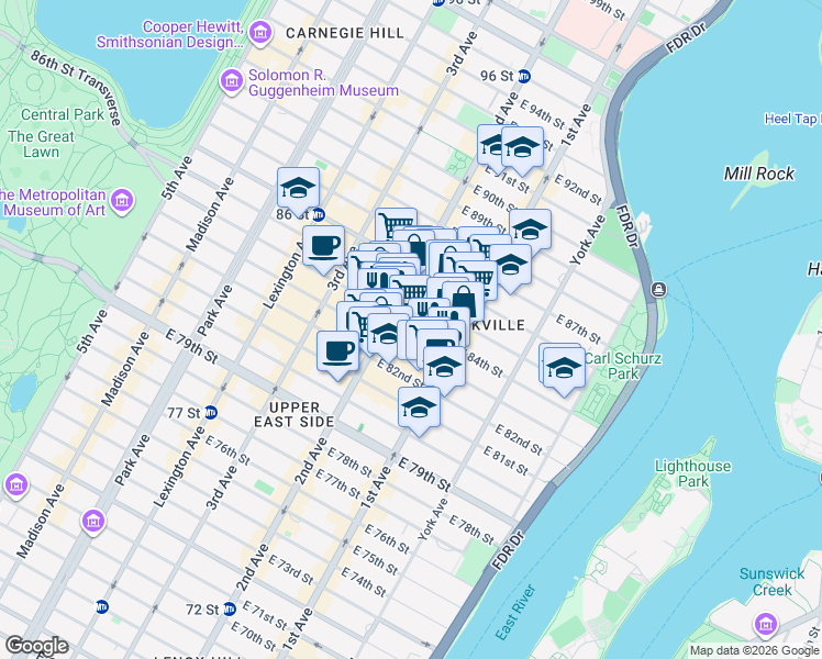 map of restaurants, bars, coffee shops, grocery stores, and more near 318 East 84th Street in New York