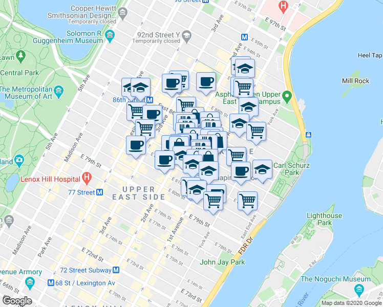 map of restaurants, bars, coffee shops, grocery stores, and more near in New York