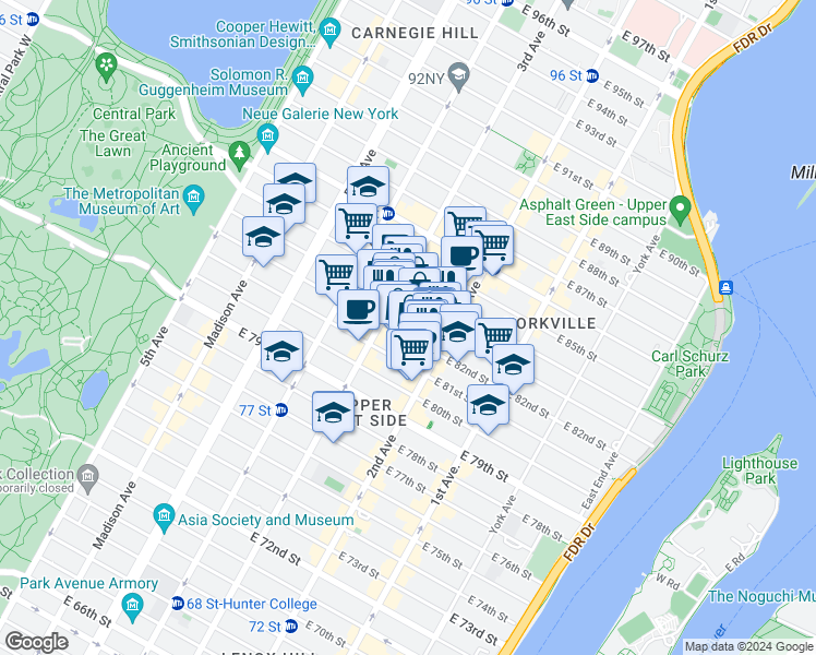 map of restaurants, bars, coffee shops, grocery stores, and more near 225 East 82nd Street in New York