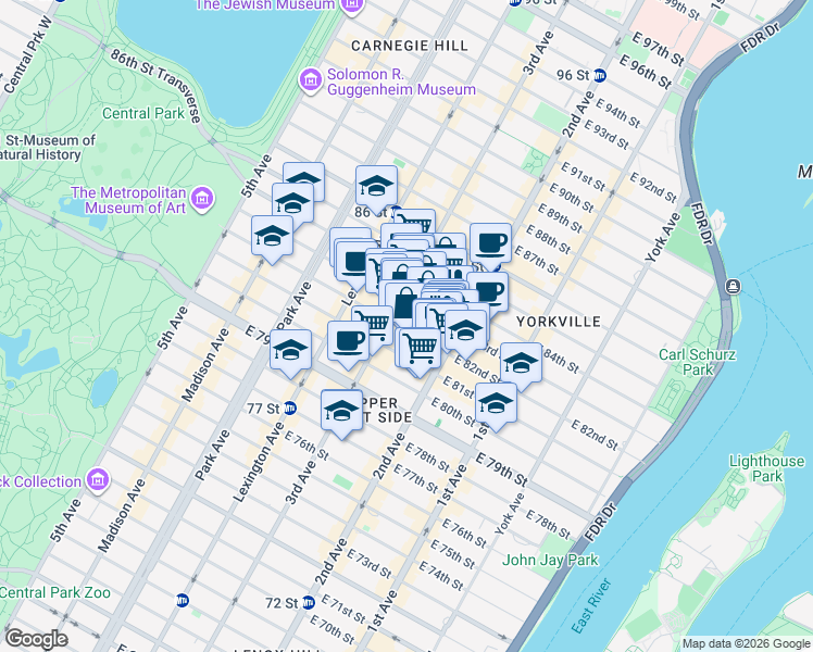 map of restaurants, bars, coffee shops, grocery stores, and more near 225 East 82nd Street in New York