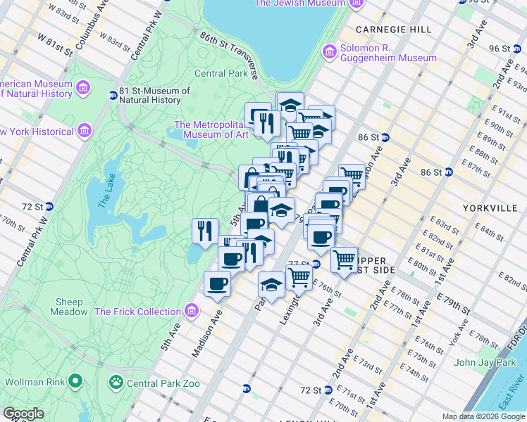 map of restaurants, bars, coffee shops, grocery stores, and more near 5A East 78th Street in New York