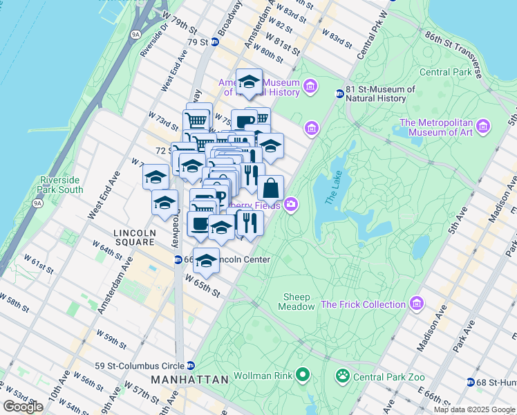 map of restaurants, bars, coffee shops, grocery stores, and more near 115 Central Park West in New York