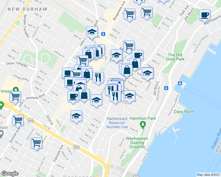 map of restaurants, bars, coffee shops, grocery stores, and more near 115 43rd Street in Union City