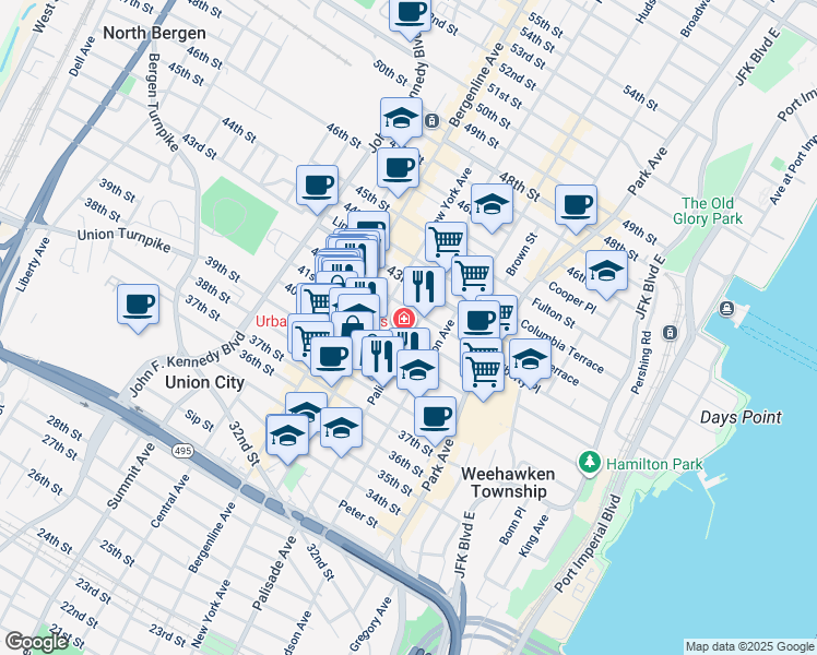 map of restaurants, bars, coffee shops, grocery stores, and more near 308 41st Street in Union City