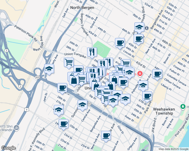 map of restaurants, bars, coffee shops, grocery stores, and more near 616 36th Street in Union City