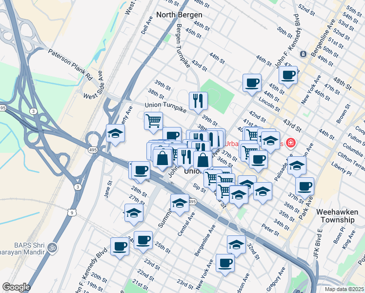map of restaurants, bars, coffee shops, grocery stores, and more near 15 32nd Street in North Bergen