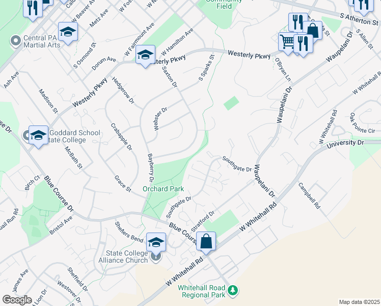 map of restaurants, bars, coffee shops, grocery stores, and more near 1053 Saxton Drive in State College